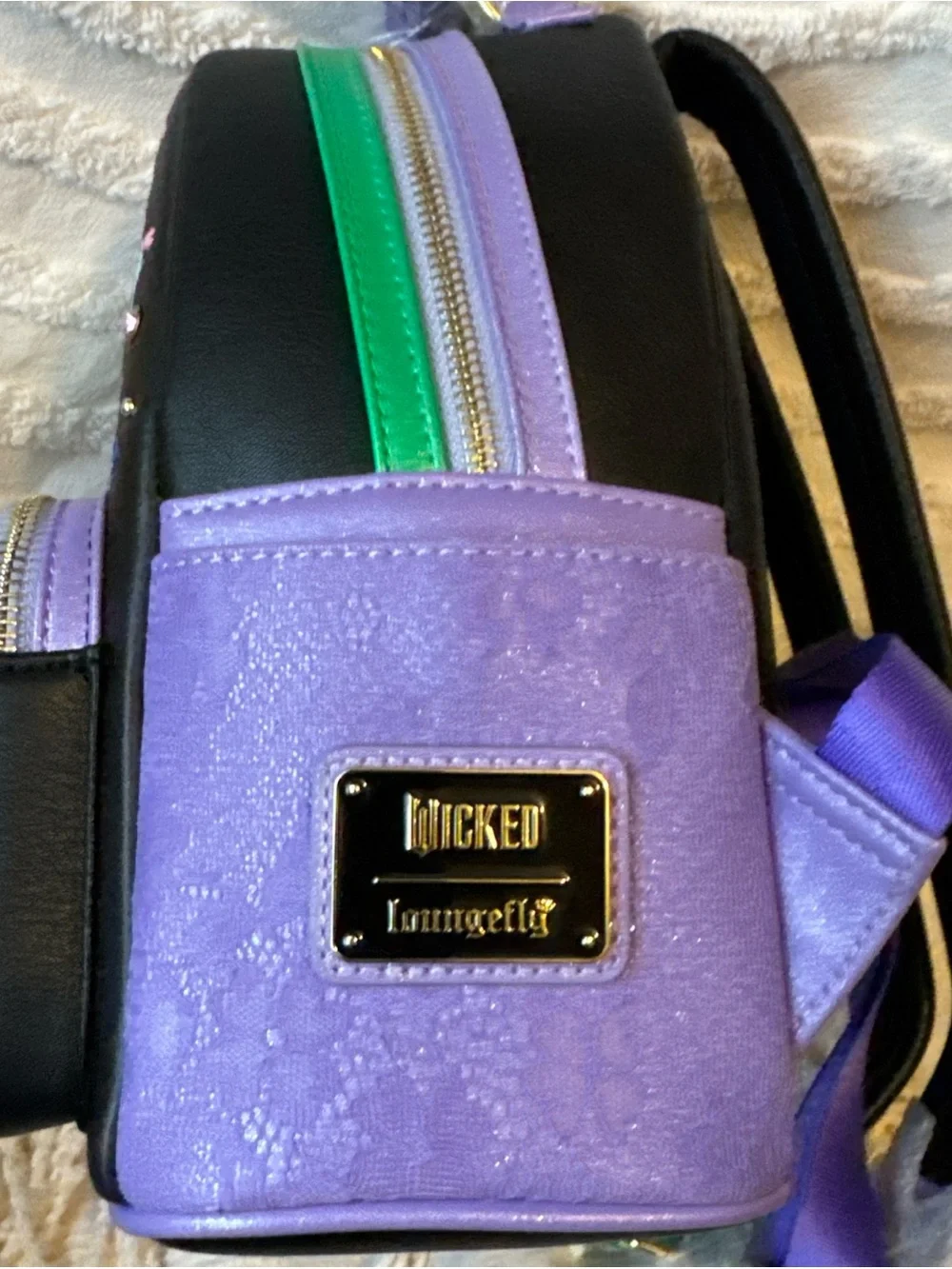 Loungefly Wicked Floral Embroidered Mini Backpack Black Purple Green Gold Zip